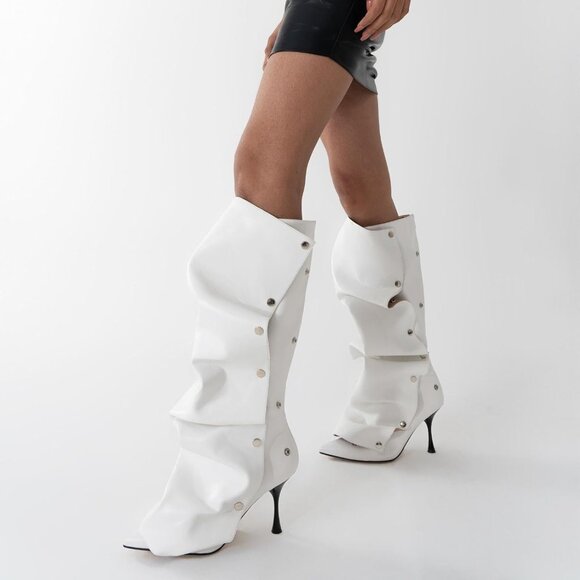 Women White Suede Detachable Snap-off Panel Fold Over Fall Shark Knee High Boot - Picture 2 of 7